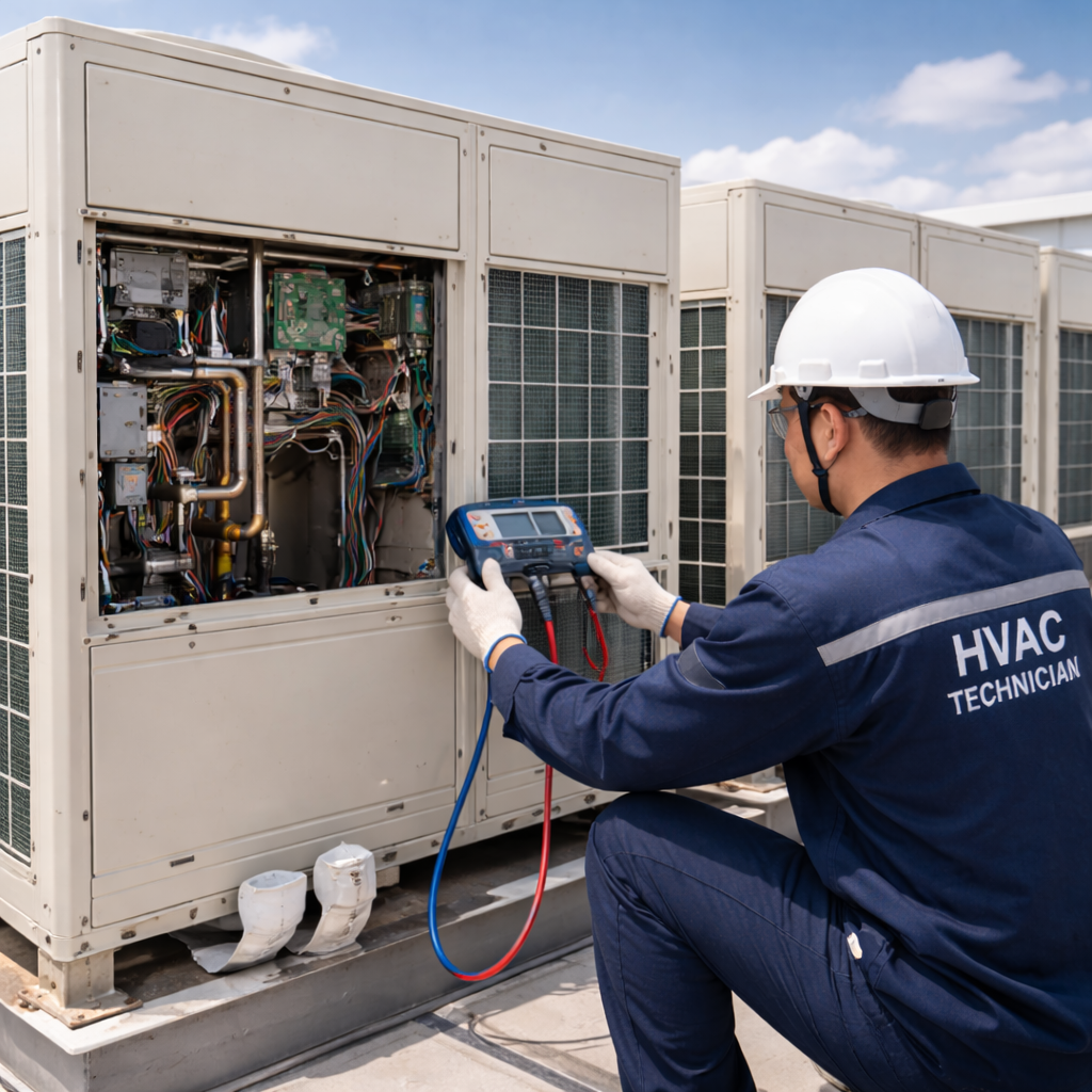 hvac technician servicing rooftop vrv unit